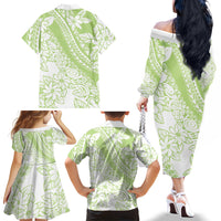 Polynesian Tiare Flower Sage Green Pastel Family Matching Off The Shoulder Long Sleeve Dress and Hawaiian Shirt
