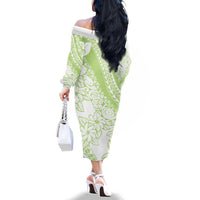 Polynesian Tiare Flower Sage Green Pastel Family Matching Off The Shoulder Long Sleeve Dress and Hawaiian Shirt