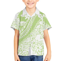 Polynesian Tiare Flower Sage Green Pastel Family Matching Off The Shoulder Long Sleeve Dress and Hawaiian Shirt