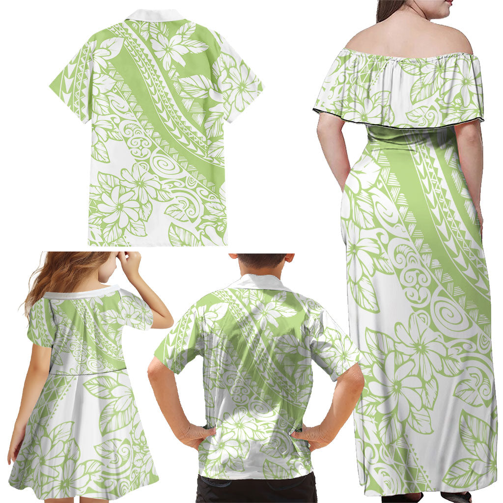 Polynesian Tiare Flower Sage Green Pastel Family Matching Off Shoulder Maxi Dress and Hawaiian Shirt