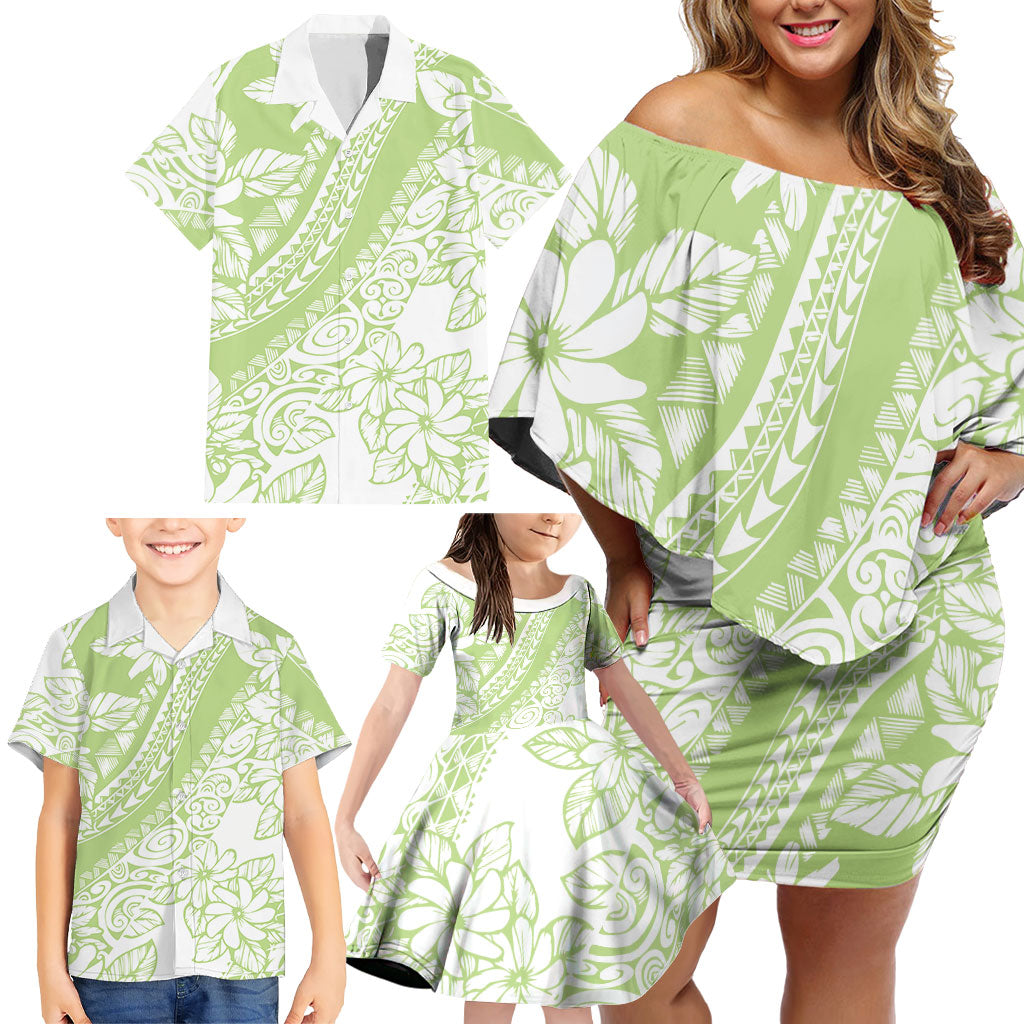 Polynesian Tiare Flower Sage Green Pastel Family Matching Off Shoulder Short Dress and Hawaiian Shirt