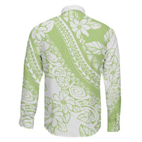 Polynesian Tiare Flower Sage Green Pastel Family Matching Off Shoulder Short Dress and Hawaiian Shirt