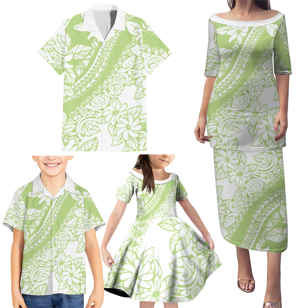 Polynesian Tiare Flower Sage Green Pastel Family Matching Puletasi and Hawaiian Shirt