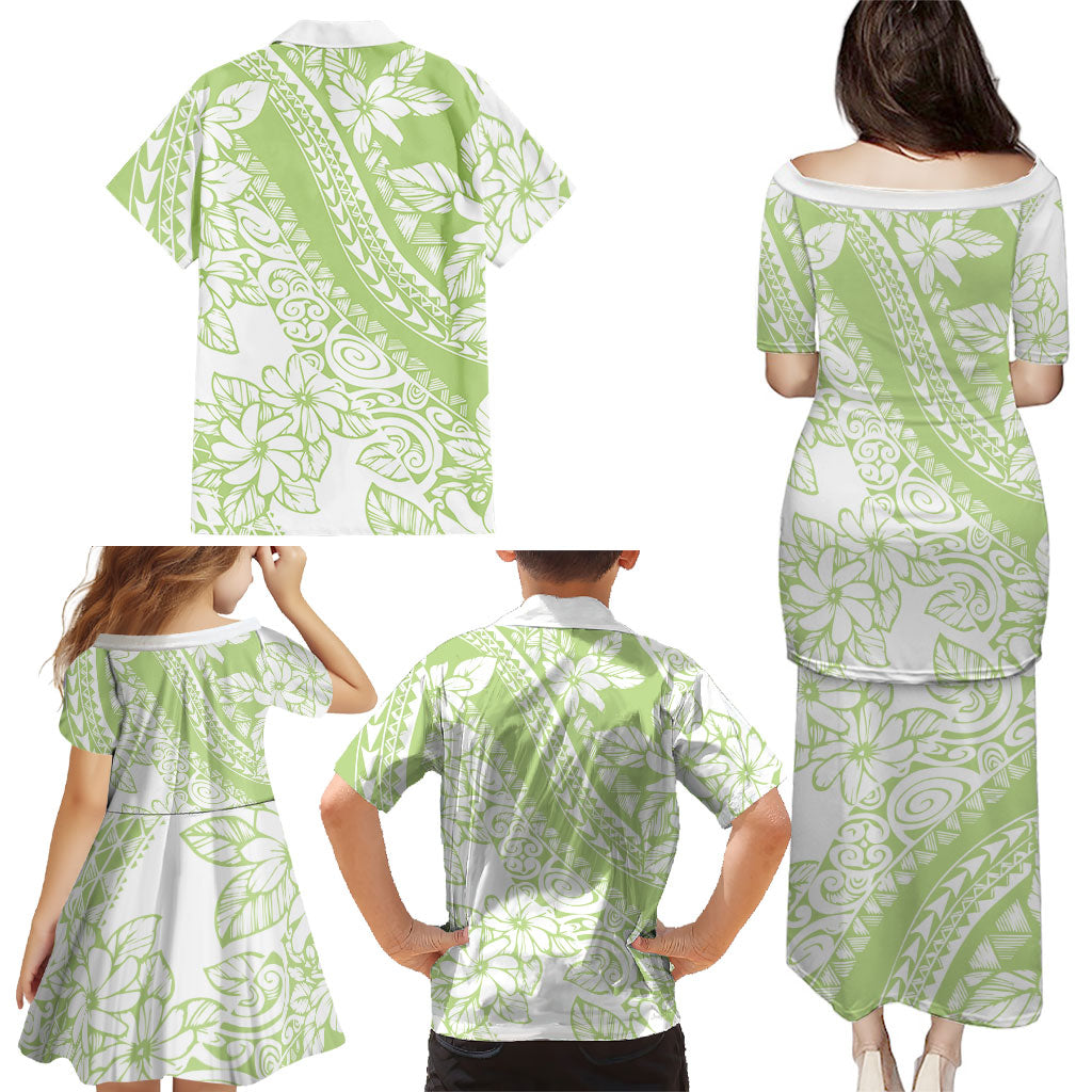 Polynesian Tiare Flower Sage Green Pastel Family Matching Puletasi and Hawaiian Shirt