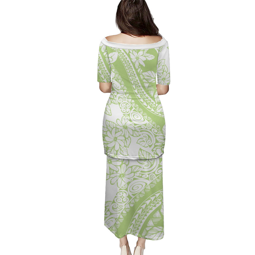 Polynesian Tiare Flower Sage Green Pastel Family Matching Puletasi and Hawaiian Shirt