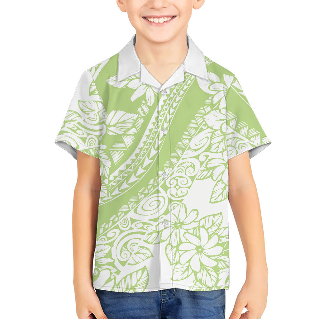 Polynesian Tiare Flower Sage Green Pastel Family Matching Puletasi and Hawaiian Shirt