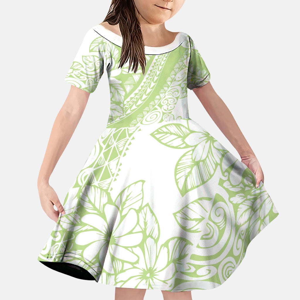 Polynesian Tiare Flower Sage Green Pastel Family Matching Short Sleeve Bodycon Dress and Hawaiian Shirt