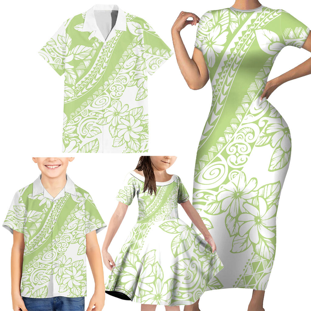 Polynesian Tiare Flower Sage Green Pastel Family Matching Short Sleeve Bodycon Dress and Hawaiian Shirt