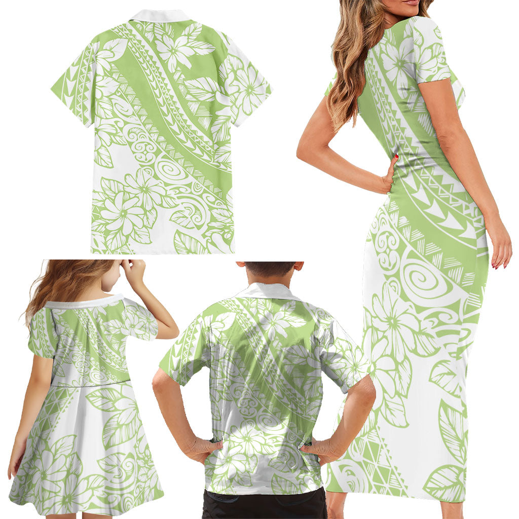 Polynesian Tiare Flower Sage Green Pastel Family Matching Short Sleeve Bodycon Dress and Hawaiian Shirt