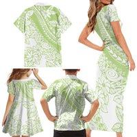 Polynesian Tiare Flower Sage Green Pastel Family Matching Short Sleeve Bodycon Dress and Hawaiian Shirt