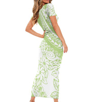 Polynesian Tiare Flower Sage Green Pastel Family Matching Short Sleeve Bodycon Dress and Hawaiian Shirt