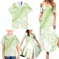 Polynesian Tiare Flower Sage Green Pastel Family Matching Summer Maxi Dress and Hawaiian Shirt