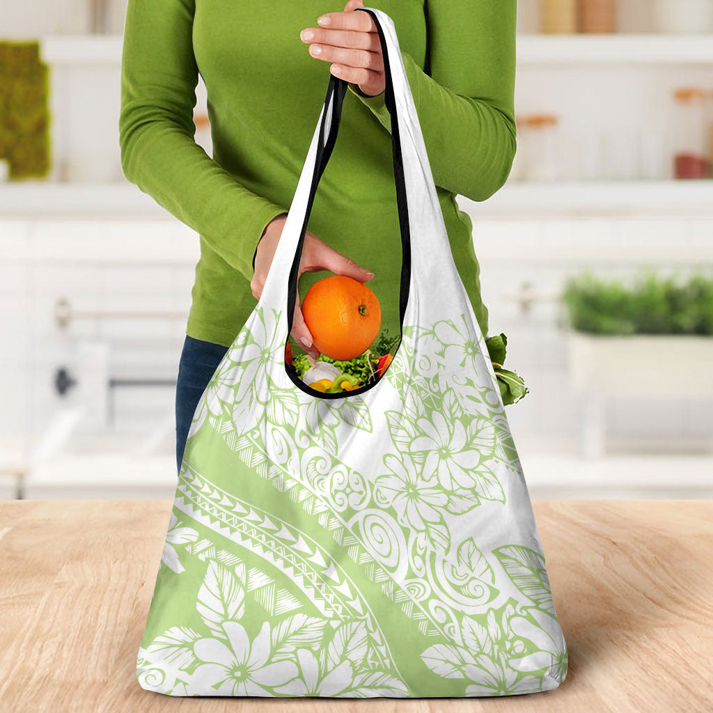 Polynesian Tiare Flower Sage Green Pastel Grocery Bag