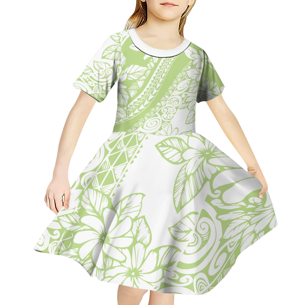 Polynesian Tiare Flower Sage Green Pastel Kid Short Sleeve Dress