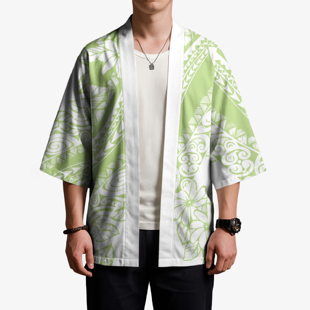 Polynesian Tiare Flower Sage Green Pastel Kimono