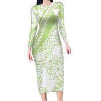 Polynesian Tiare Flower Sage Green Pastel Long Sleeve Bodycon Dress LT14 Long Dress Sage Green - Polynesian Pride