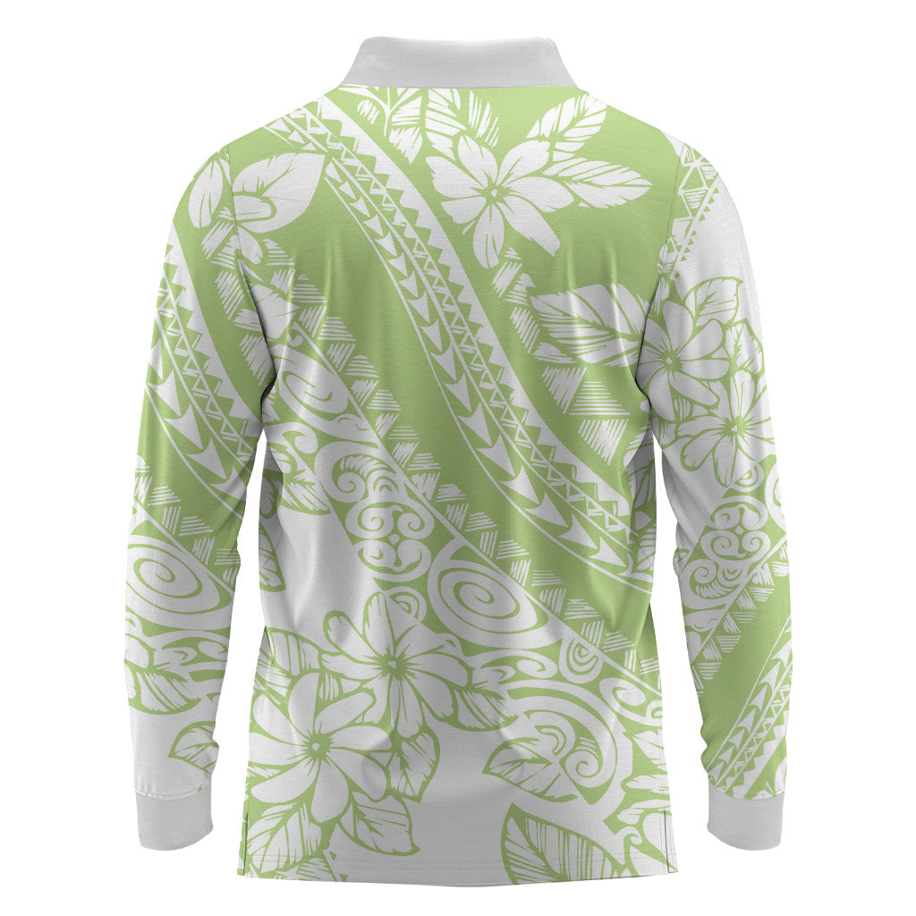 Polynesian Tiare Flower Sage Green Pastel Long Sleeve Polo Shirt