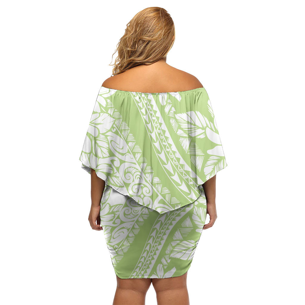 Polynesian Tiare Flower Sage Green Pastel Off Shoulder Short Dress