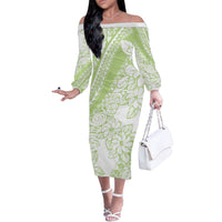 Polynesian Tiare Flower Sage Green Pastel Off The Shoulder Long Sleeve Dress