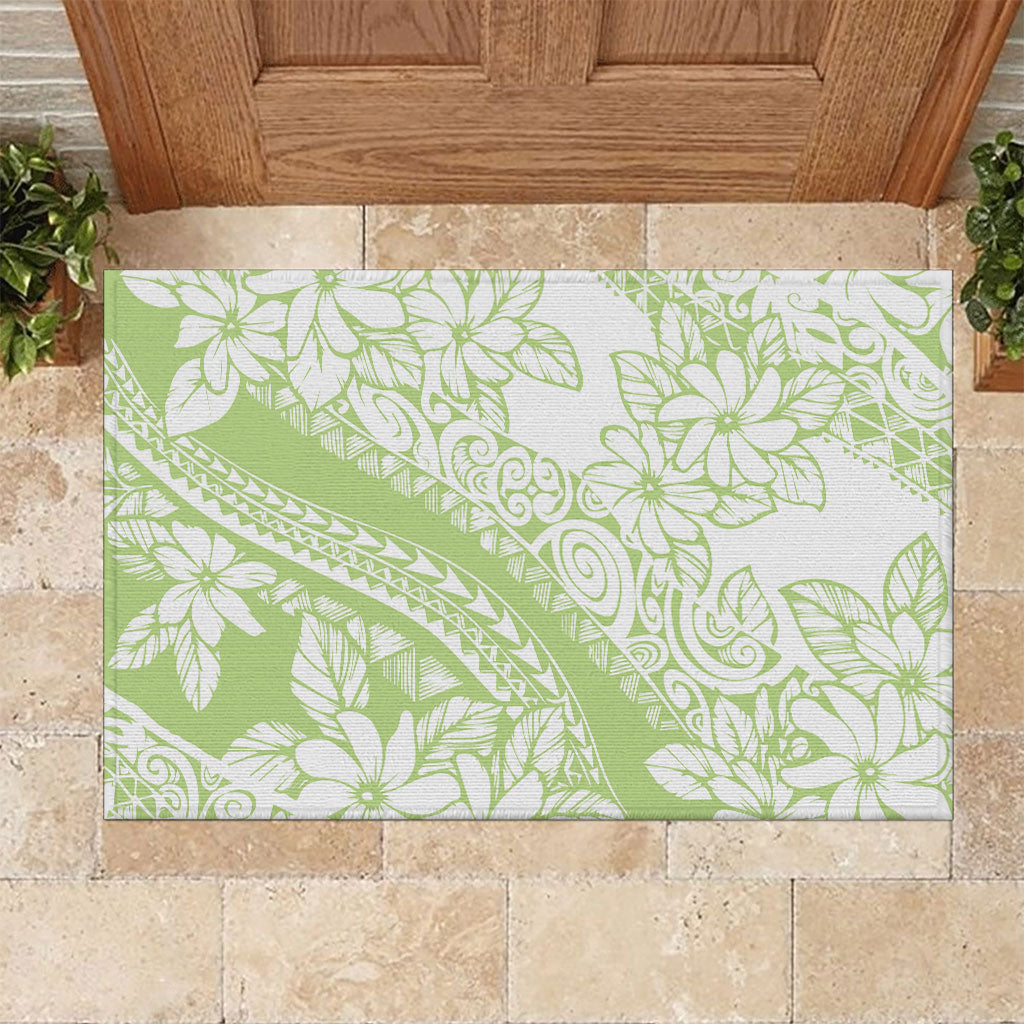 Polynesian Tiare Flower Sage Green Pastel Rubber Doormat