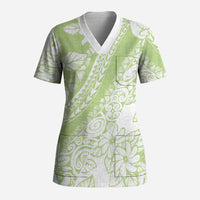 Polynesian Tiare Flower Sage Green Pastel Scrub Top