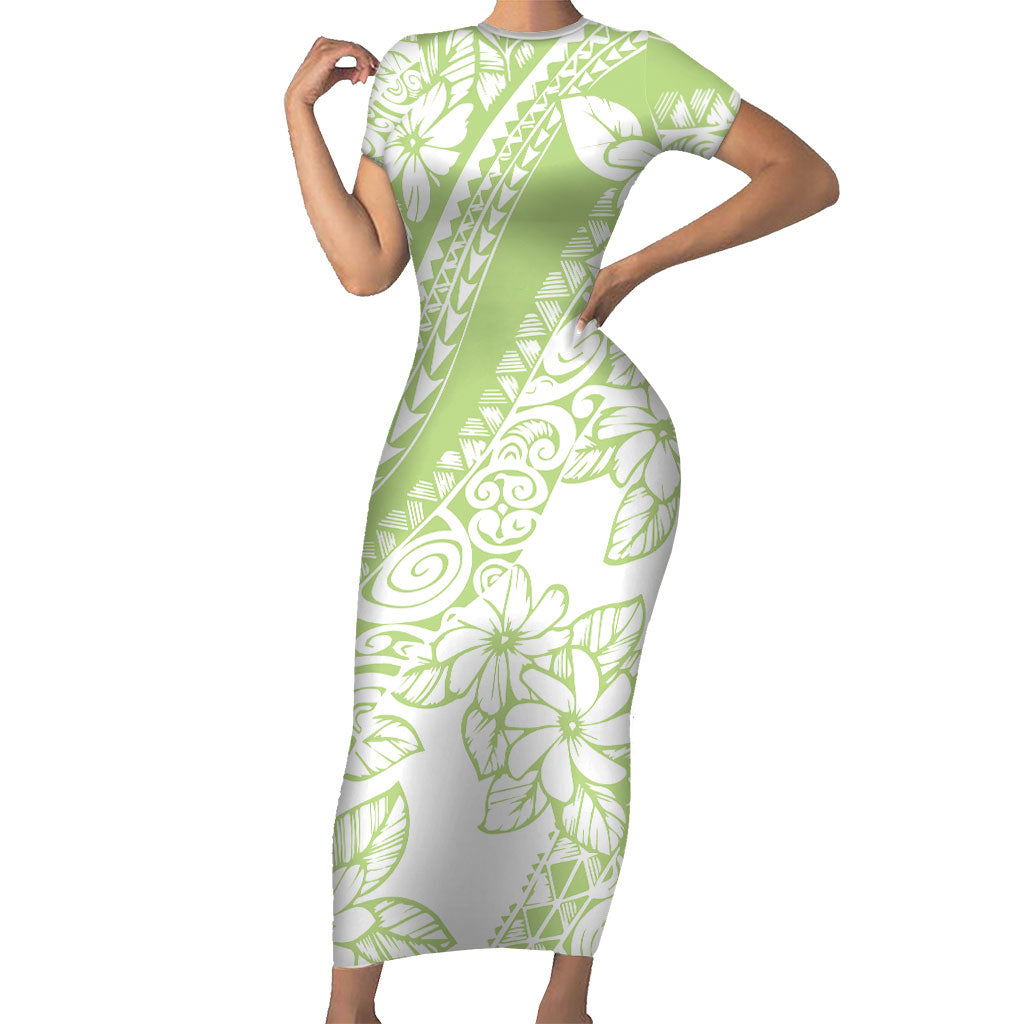 Polynesian Tiare Flower Sage Green Pastel Short Sleeve Bodycon Dress