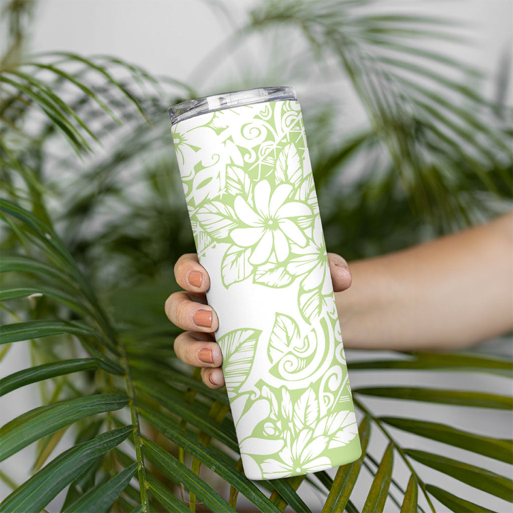 Polynesian Tiare Flower Sage Green Pastel Skinny Tumbler