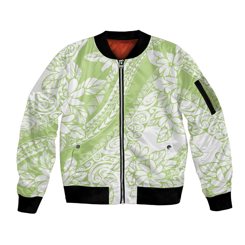 Polynesian Tiare Flower Sage Green Pastel Sleeve Zip Bomber Jacket