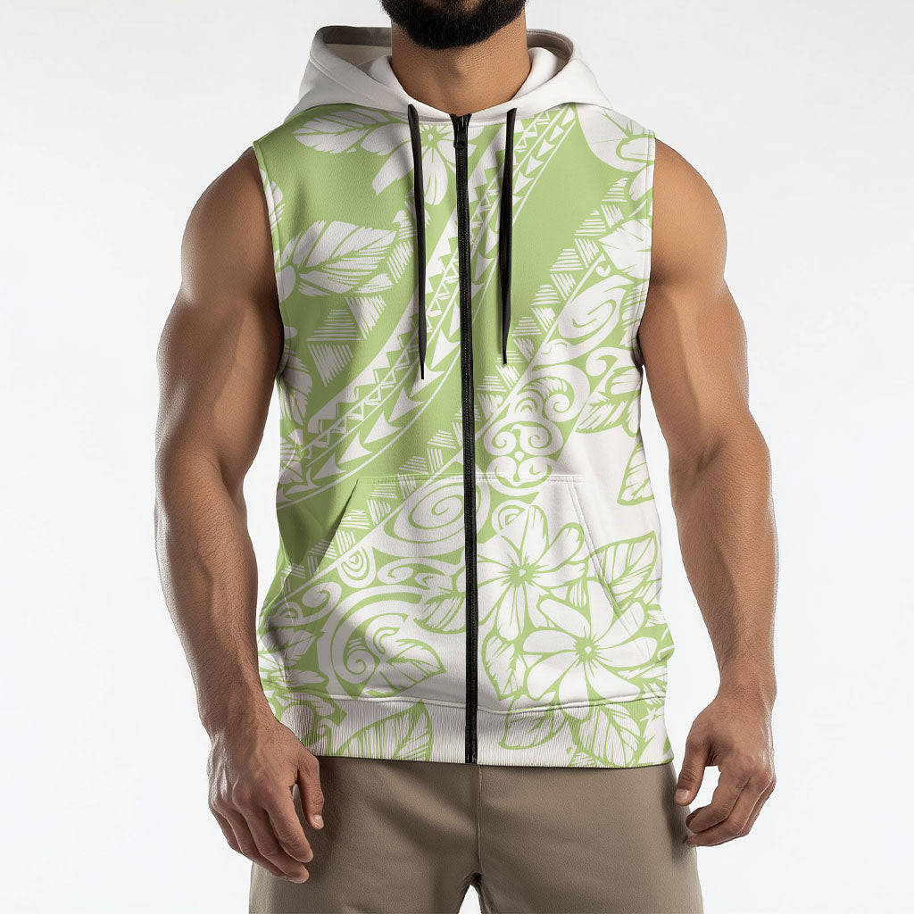 Polynesian Tiare Flower Sage Green Pastel Sleeveless Zip Hoodie LT14 - Polynesian Pride