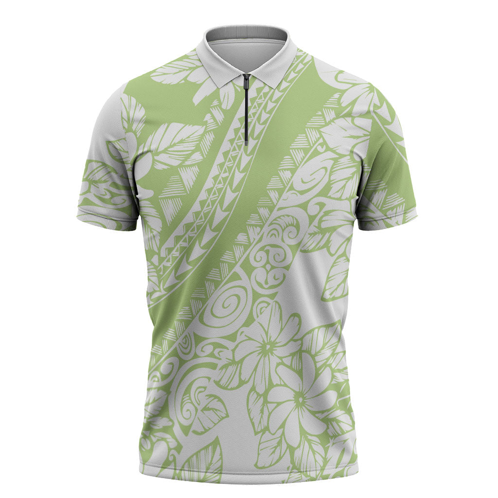 Polynesian Tiare Flower Sage Green Pastel Zipper Polo Shirt