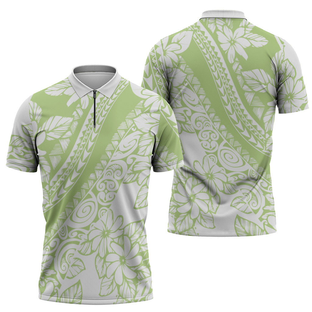 Polynesian Tiare Flower Sage Green Pastel Zipper Polo Shirt
