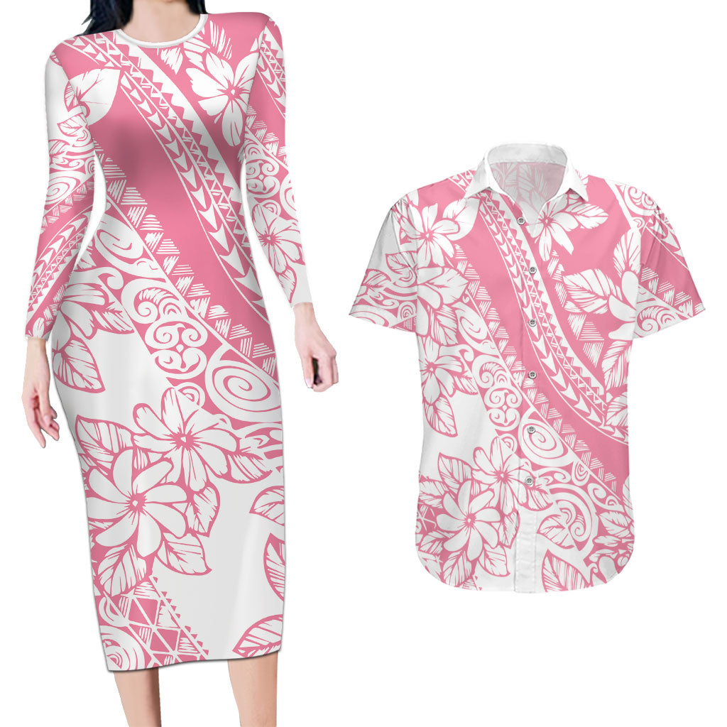 Polynesian Tiare Flower Pink Pastel Vibes Couples Matching Long Sleeve Bodycon Dress and Hawaiian Shirt