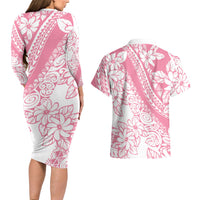 Polynesian Tiare Flower Pink Pastel Vibes Couples Matching Long Sleeve Bodycon Dress and Hawaiian Shirt