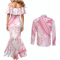 Polynesian Tiare Flower Pink Pastel Vibes Couples Matching Mermaid Dress and Long Sleeve Button Shirt
