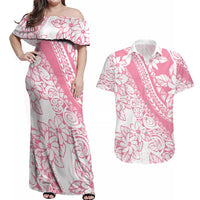 Polynesian Tiare Flower Pink Pastel Vibes Couples Matching Off Shoulder Maxi Dress and Hawaiian Shirt