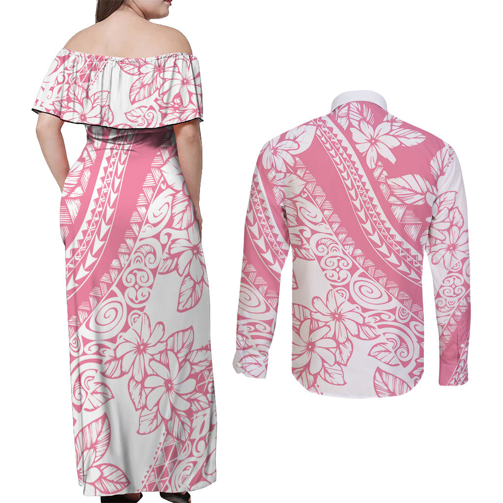 Polynesian Tiare Flower Pink Pastel Vibes Couples Matching Off Shoulder Maxi Dress and Long Sleeve Button Shirt