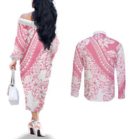 Polynesian Tiare Flower Pink Pastel Vibes Couples Matching Off The Shoulder Long Sleeve Dress and Long Sleeve Button Shirt