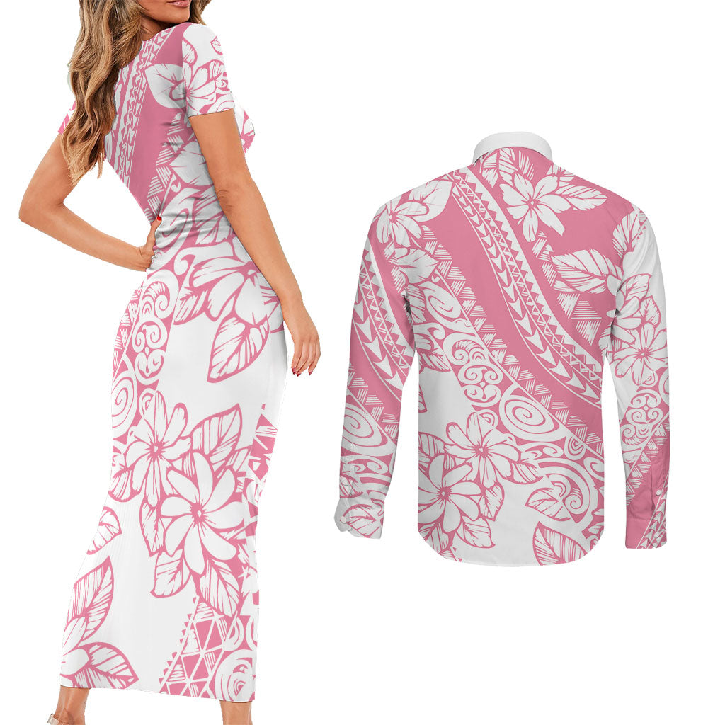Polynesian Tiare Flower Pink Pastel Vibes Couples Matching Short Sleeve Bodycon Dress and Long Sleeve Button Shirt