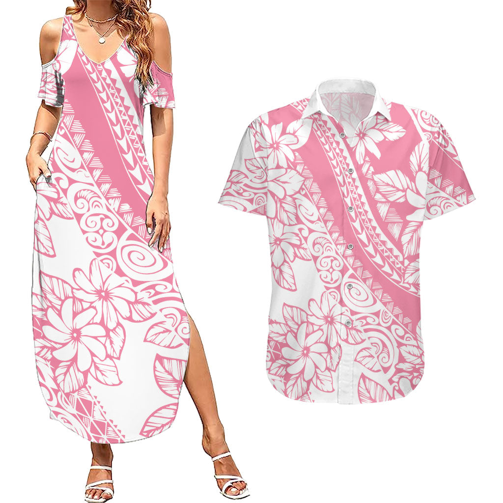 Polynesian Tiare Flower Pink Pastel Vibes Couples Matching Summer Maxi Dress and Hawaiian Shirt