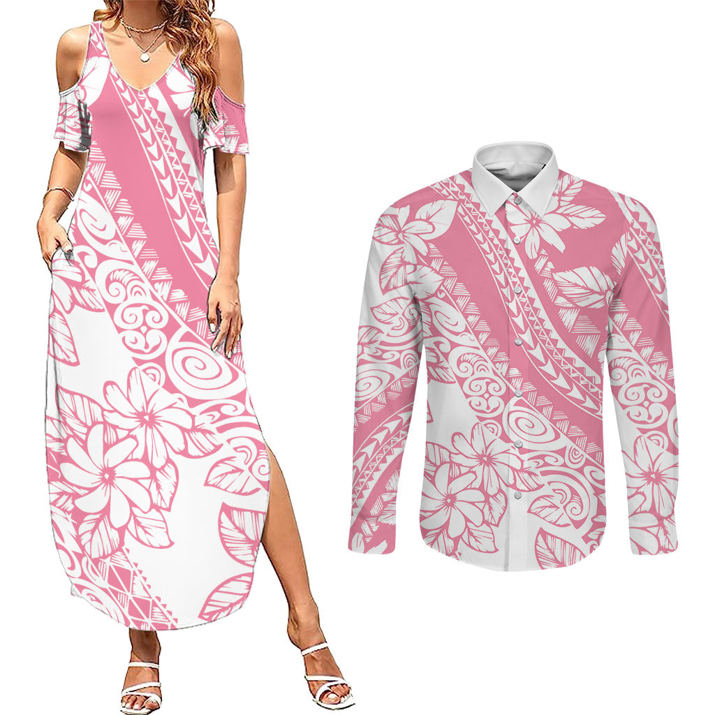 Polynesian Tiare Flower Pink Pastel Vibes Couples Matching Summer Maxi Dress and Long Sleeve Button Shirt