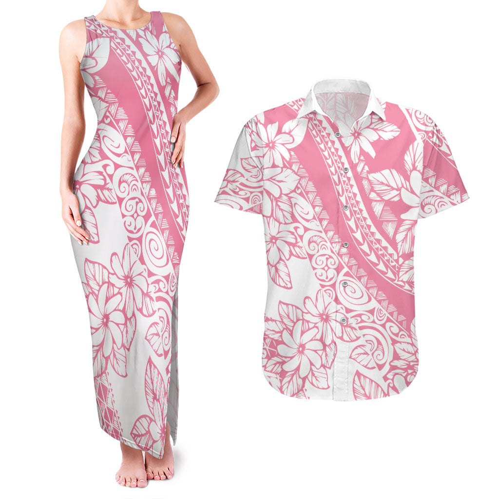 Polynesian Tiare Flower Pink Pastel Vibes Couples Matching Tank Maxi Dress and Hawaiian Shirt