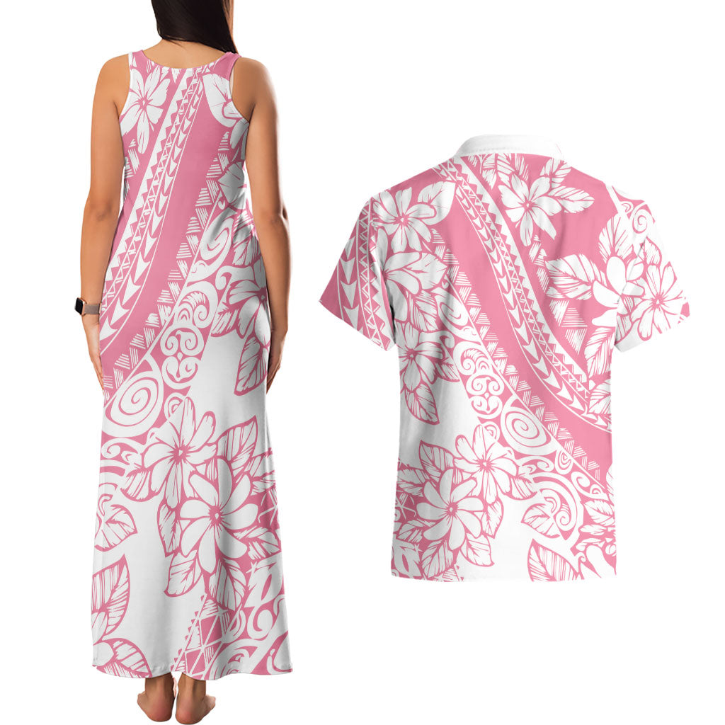 Polynesian Tiare Flower Pink Pastel Vibes Couples Matching Tank Maxi Dress and Hawaiian Shirt