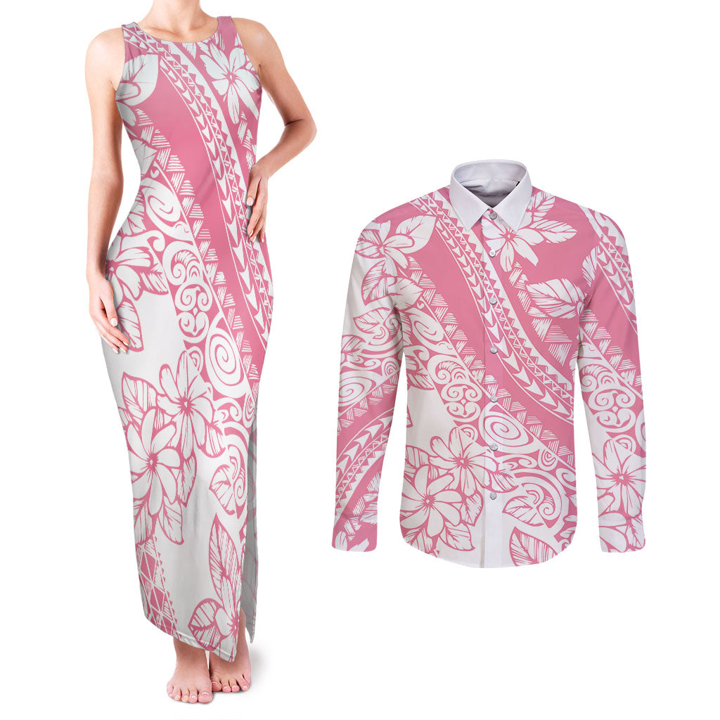 Polynesian Tiare Flower Pink Pastel Vibes Couples Matching Tank Maxi Dress and Long Sleeve Button Shirt