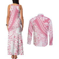 Polynesian Tiare Flower Pink Pastel Vibes Couples Matching Tank Maxi Dress and Long Sleeve Button Shirt