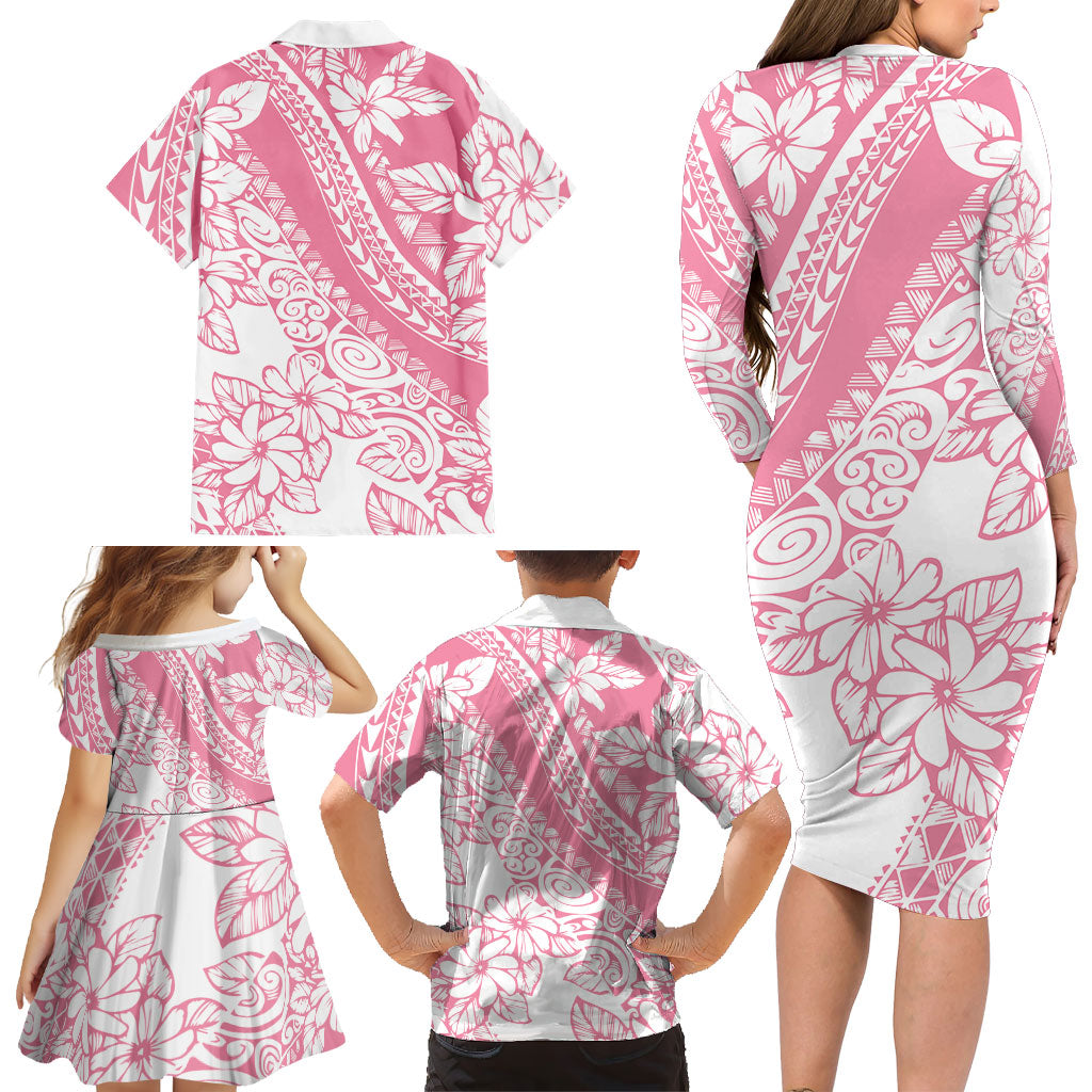 Polynesian Tiare Flower Pink Pastel Vibes Family Matching Long Sleeve Bodycon Dress and Hawaiian Shirt