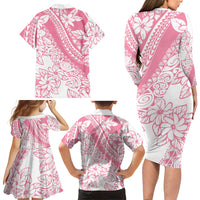 Polynesian Tiare Flower Pink Pastel Vibes Family Matching Long Sleeve Bodycon Dress and Hawaiian Shirt