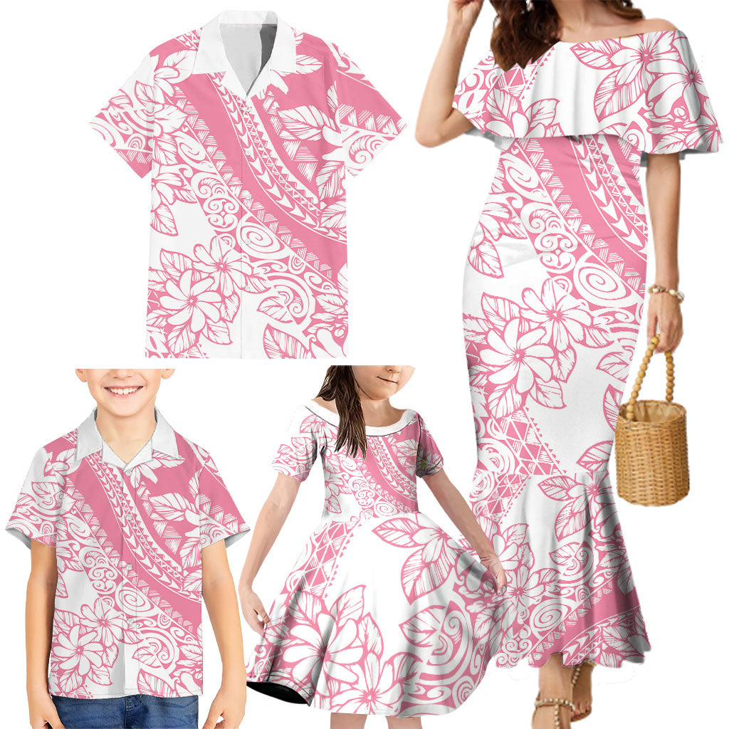 Polynesian Tiare Flower Pink Pastel Vibes Family Matching Mermaid Dress and Hawaiian Shirt