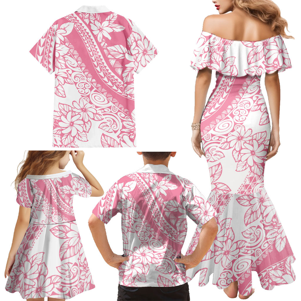 Polynesian Tiare Flower Pink Pastel Vibes Family Matching Mermaid Dress and Hawaiian Shirt