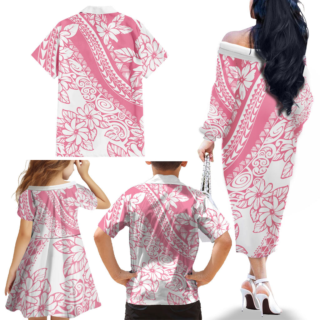 Polynesian Tiare Flower Pink Pastel Vibes Family Matching Off The Shoulder Long Sleeve Dress and Hawaiian Shirt