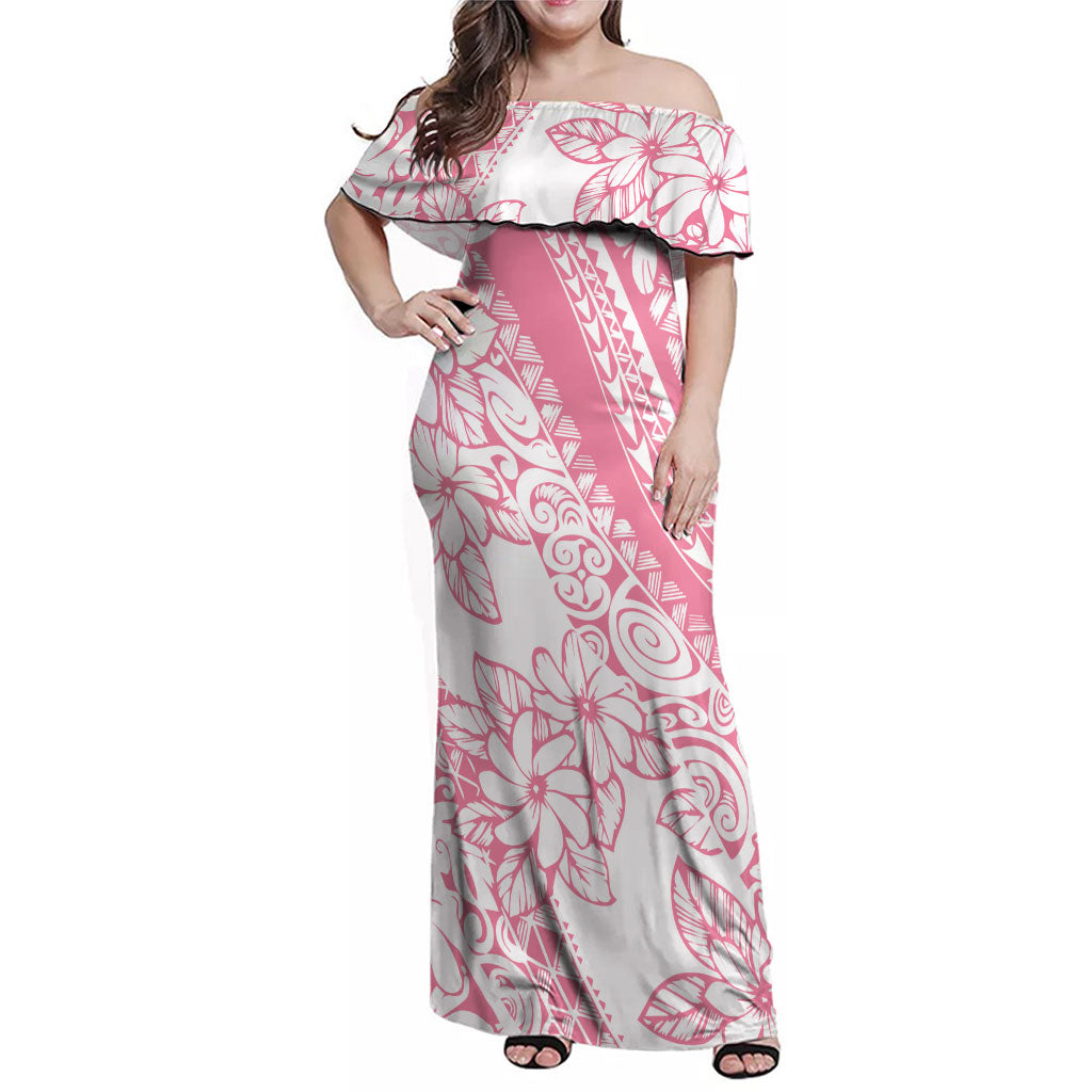 Polynesian Tiare Flower Pink Pastel Vibes Family Matching Off Shoulder Maxi Dress and Hawaiian Shirt